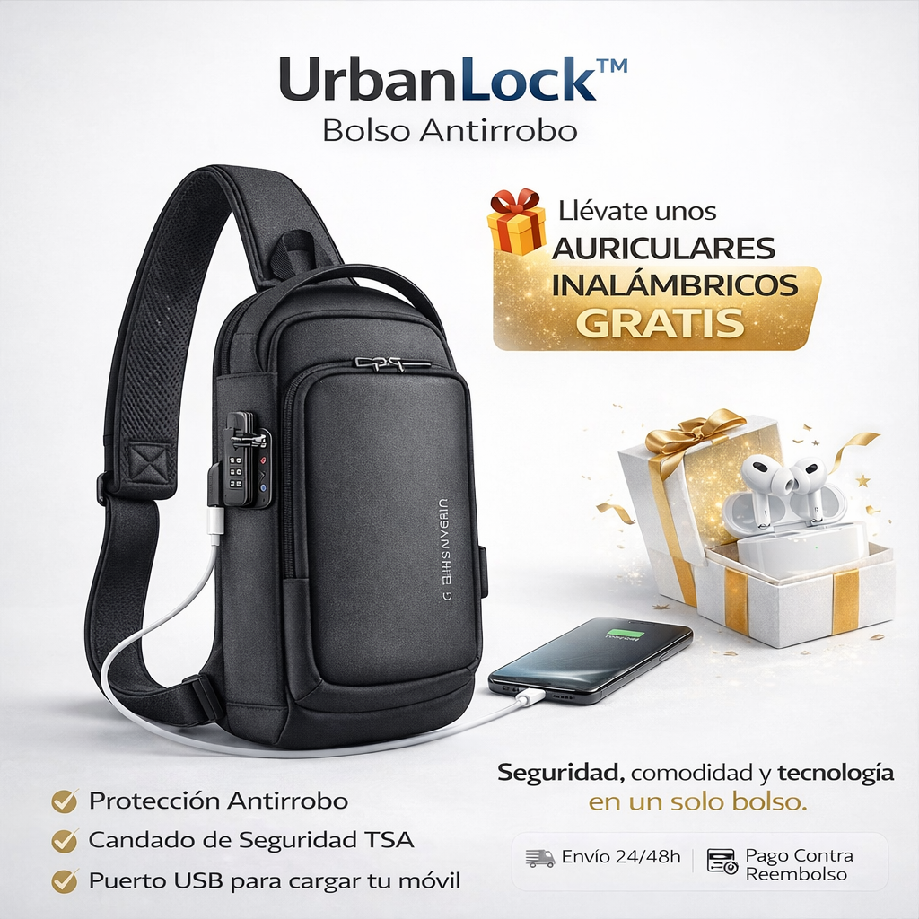 UrbanLock™ Bolso Antirrobo Inteligente con Puerto USB + Auriculares Inalámbricos GRATIS 🔥